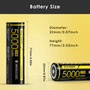 NITECORE NL2150HPi 21700 battery detailed dimensions measuring 21.9mm diameter by 77.2mm height, weighing 76g with built-in protection board.