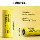 NITECORE NL2155HP 21700 battery detailed dimensions measuring 21.8mm diameter by 75.3mm height, weighing 74g with 19.80Wh rated energy.