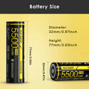 NITECORE NL2155HPi 21700 battery detailed dimensions measuring 21.8mm diameter by 77.6mm height, weighing 77g with 19.80Wh rated energy.