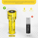 NITECORE NL2160 21700 battery featuring a standard button top positive terminal with stainless steel nickel-plated protective plates for secure contact.
