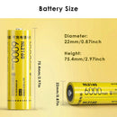 NITECORE NL2160 21700 battery detailed dimensions measuring 22.0mm diameter by 75.4mm height, weighing 76g with 21.6Wh rated energy.