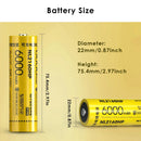 NITECORE NL2160HP 21700 battery detailed dimensions measuring 22.0mm diameter by 75.4mm height, weighing 76g with 21.6Wh rated energy and IPX6 waterproof rating.