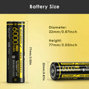 NITECORE NL2160HPi battery detailed dimensions measuring 21.9mm diameter by 77.5mm height, with 21.6Wh rated energy and same-side polarity terminal design.
