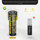 NITECORE NL2160HPi battery guide showing the unique Same-Side Dual Polarity output design, with both positive and negative terminals on one end for i-Series devices.
