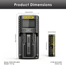 Detailed dimensions of NITECORE NL2160HPi battery (21.9mm dia x 77.5mm height) and UMS2 charger (143mm x 103mm x 45mm) with full technical specifications.