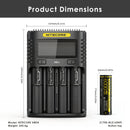 Detailed dimensions of NITECORE NL2160HPi battery (21.9mm dia x 77.5mm height) and UMS4 charger (143mm x 103mm x 45mm) with full technical specifications.