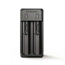 NITECORE UI2 dual-slot USB-C portable Li-ion battery charger with two 21700 batteries inserted.