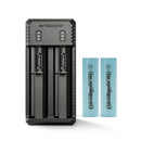 NITECORE UI2 dual-slot USB-C charger with 2x EVE 20P 2000mAh 30A flat top 18650 batteries – portable high-drain power kit.