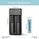 NITECORE UI2 charger dimensions – 130mm x 50mm x 30mm, with 2x EVE 20P flat top batteries.