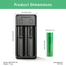 NITECORE UI2 charger dimensions – 130mm x 50mm x 30mm, with 2x EVE 25P flat top batteries.