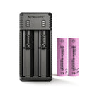 NITECORE UI2 dual-slot USB-C charger with 2x EVE 30P 3000mAh 30A flat top 18650 batteries – high-output power kit for field recording and tactical gear.