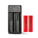 NITECORE UI2 dual-slot USB-C charger with 2x LG HE2 2500mAh 20A flat top 18650 batteries – high-capacity power kit.