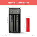 NITECORE UI2 charger dimensions – 130mm x 50mm x 30mm, with 2x LG HE2 flat top batteries.