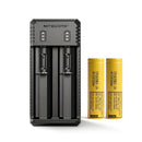 NITECORE UI2 dual-slot USB-C charger with 2x LG HE4 2500mAh 20A flat top 18650 batteries – high-capacity power kit.