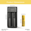 NITECORE UI2 charger dimensions – 130mm x 50mm x 30mm, with 2x LG HE4 flat top batteries.