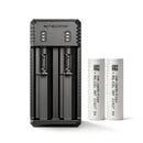 NITECORE UI2 dual-slot USB-C charger with 2x Molicel P26A 2600mAh 35A flat top 18650 batteries – extreme high-drain power kit.