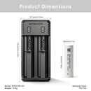 NITECORE UI2 charger dimensions – 130mm x 50mm x 30mm, with 2x Molicel P26A flat top batteries.