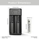 NITECORE UI2 charger dimensions – 130mm x 50mm x 30mm, with 2x Molicel P28A flat top batteries.