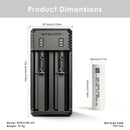 NITECORE UI2 charger dimensions – 130mm x 50mm x 30mm, with 2x Molicel P30B flat top batteries.