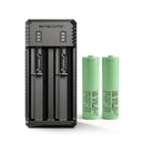 NITECORE UI2 USB-C dual-slot charger with 2x Samsung 25R Button Top 18650 batteries – compact high-drain power kit.