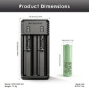 NITECORE UI2 charger dimensions – 130mm x 50mm x 30mm, with 2x Samsung 25R Button Top batteries (65mm x 18mm each).
