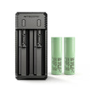 NITECORE UI2 USB-C dual-slot charger with 2x Samsung 25R Flat Top 18650 batteries – compact high-drain power kit.