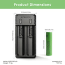 NITECORE UI2 charger dimensions – 130mm x 50mm x 30mm, with 2x Sony VTC4 flat top batteries.