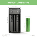 NITECORE UI2 charger dimensions – 130mm x 50mm x 30mm, with 2x Sony VTC5 flat top batteries.