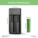 NITECORE UI2 charger dimensions – 130mm x 50mm x 30mm, with 2x Sony VTC6 flat top batteries.