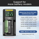 Nitecore UM2 charger compatible battery types including 18650, 21700, 26650, AA, AAA, and NiMH/NiCd cells.