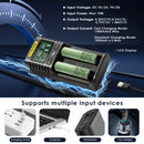 NITECORE UM2 charging current – up to 2A (single slot) or 1A (dual), with USB-C input for wall/power bank/laptop.