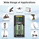 NITECORE UM2 charger and Samsung 25R Button Top batteries powering cordless tools and tactical lights.