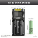 NITECORE UM2 charger dimensions – 150mm x 75mm x 38mm, with 2x Samsung 25R Button Top batteries (65mm x 18mm each).