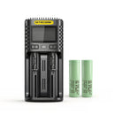 NITECORE UM2 dual-slot LCD smart charger with 2x Samsung 25R Flat Top 18650 batteries – high-drain power bundle with display.