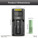 NITECORE UM2 charger dimensions – 150mm x 75mm x 38mm, with 2x Samsung 25R Flat Top batteries (65mm x 18mm each).