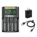 NITECORE UM4 4-slot USB-C smart charger with LCD display, charging 4x 3500mAh Li-ion batteries simultaneously. Fast charging with IMR repair and internal resistance test.