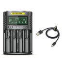 NITECORE UM4 4-slot USB-C smart charger with LCD display, charging 4x 3500mAh Li-ion batteries simultaneously. Fast charging with IMR repair and internal resistance test.