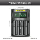 NITECORE UM4 charger detailed dimensions measuring 143mm length, 103mm width, 45mm height, weighing 195g, with input voltage and charging current specs.