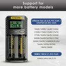 NITECORE UMS2 charger compatibility chart supporting Li-ion, IMR, LiFePO4, NiMH and NiCd batteries.