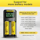 NITECORE UMS2 charger compatibility chart supporting Li-ion, IMR, LiFePO4, NiMH and NiCd batteries.