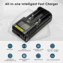 NITECORE UMS2 charger with multi-layer safety protection including overcharge, over-discharge, short circuit, and reverse polarity protection.