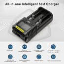 NITECORE UMS2 charger with multi-layer safety protection including overcharge, over-discharge, short circuit, and reverse polarity protection.