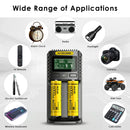NITECORE UMS2 charger inserted with NL2160 21700 batteries for charging, applied in high-lumen tactical flashlight and outdoor gear scenario.