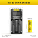 Detailed dimensions of NITECORE UMS2 charger (143mm x 103mm x 45mm) and NL2160 21700 battery (22.0mm diameter x 75.4mm height) with full technical specifications.