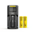 NITECORE UMS2 dual-slot fast charger kit bundled with 2x NL2160 21700 6000mAh 8A high-capacity batteries for flashlights and outdoor gear. Batteries included.
