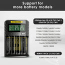 NITECORE UMS4 charger compatibility chart supporting Li-ion, IMR, LiFePO4, NiMH and NiCd batteries.