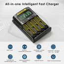 NITECORE UMS4 charger with multi-layer safety protection including overcharge, over-discharge, short circuit, and reverse polarity protection.