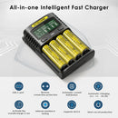 NITECORE UMS4 charger with multi-layer safety protection including overcharge, over-discharge, short circuit, and reverse polarity protection.