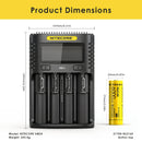 Detailed dimensions of NITECORE UMS4 charger (143mm x 103mm x 45mm) and NL2160 21700 battery (22.0mm diameter x 75.4mm height) with full technical specifications.