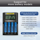 NITECORE UMS4 compatible battery types – supports Li-ion, IMR, LiFePO4, NiMH, NiCd – 18650, 21700, 26650, AA, AAA.